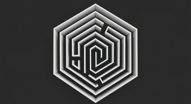 Hexagonal 3D labyrinth maze on dark background