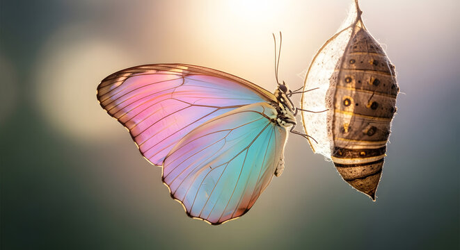 Butterfly emerging from cocoon with colorful wings transparent background