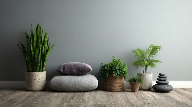 Modern interior design featuring potted plants, cushions, stones, and wooden floor, creating a calm and serene living space atmosphere
