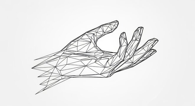 Digital wireframe hand reaching gesture polygonal art.