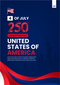 USA 250th Independence Day Poster Template with American Flag Ribbon and Skyline Silhouette