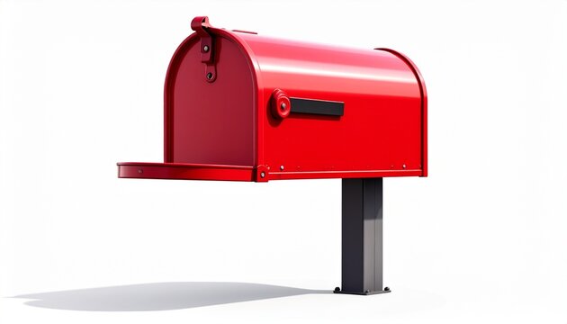 A vibrant red metal mailbox isolated on a clean white background perfect for conceptual communication or postal service business themes.