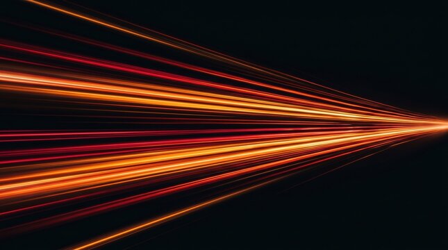 Horizontal light streaks with glowing orange and red trails on black background. High speed motion blur with sharp perspective convergence for data transmission or automotive advertising.