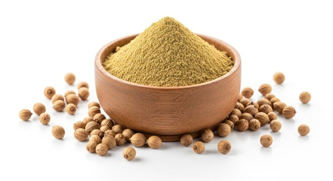 Aromatic spice powder in wooden bowl isolated