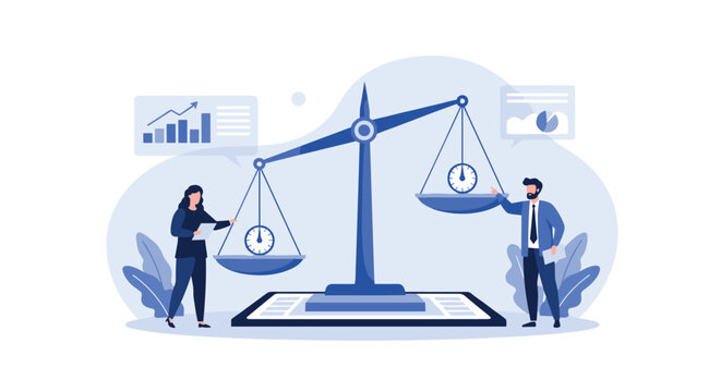 Business professionals standing next to a large balance scale with clocks on each side, representing time management strategies.