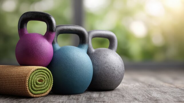 Colorful kettlebells and yoga mat arranged on wooden surface, showcasing fitness equipment for home workouts, exercise routines, and healthy lifestyle