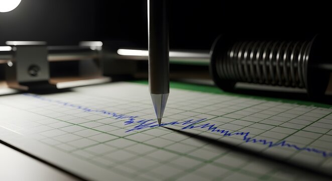Seismograph recording earthquake activity with pen tracing a waveform on graph paper scientific instrumentation