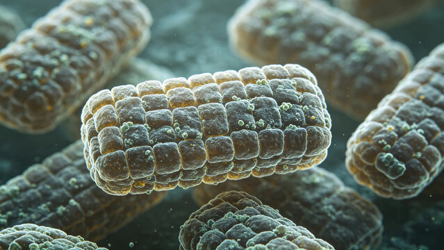 Transmission electron microscopy images of monkeypox virus particles, showing a brick-like structure, typical of virological research.