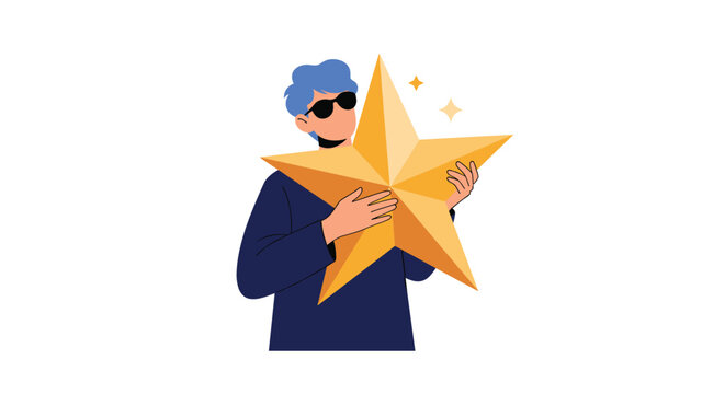 Young man with stylish blue hair wearing sunglasses hugs a giant golden star to celebrate success and achievement in his life.