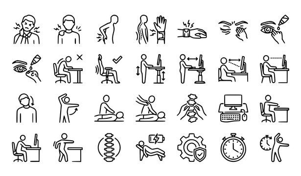 Workplace Ergonomics and Office Syndrome Outline Icons Collection with Body Pain Employee Health and Sitting Posture Line Vector Symbols