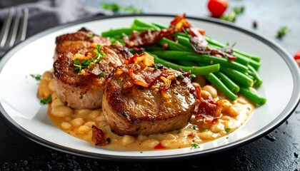 Fototapeta premium Gourmet seared pork tenderloin medallions served with fresh green beans and creamy white beans with crispy bacon crumbles on a white plate.