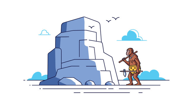 Primitive caveman carrying a wooden spear and a stone tool stands near a large rocky monument on a vast plain under a blue sky.