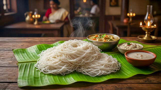 Idiyappam, String Hoppers, Noolappam, Noolputtu, Sevai, Rice Noodles, Steamed Rice Noodles, Coconut Milk, Tamil Cuisine, Kerala Cuisine, Sri Lankan Cuisine, Traditional Food, Healthy Breakfast, Dish.