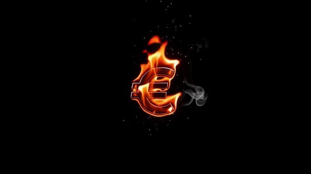 Euro currency symbol engulfed in bright orange flames and swirling smoke motion graphic animation isolated on a solid black background capturing intense heat and financial crisis concepts in a high qu
