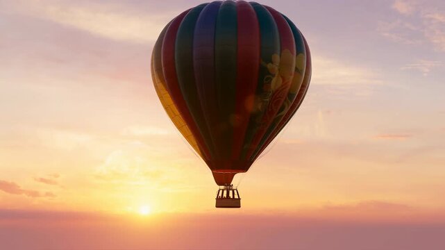 Colorful hot air balloon rising at golden sunrise