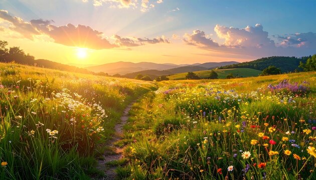 A scenic landscape featuring a vibrant meadow filled with colorful wildflowers under a glowing sunset sky and peaceful rolling hills background.