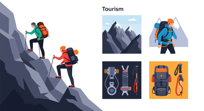 Tourism concept featuring hikers climbing a rocky peak along with icons for mountain scenery and specialized climbing gear.