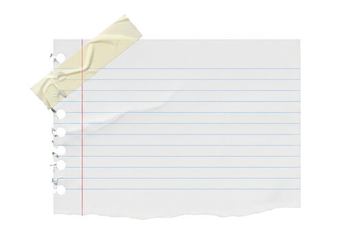 Piece of torn lined notebook paper with tape isolated on transparent background for notes and memos