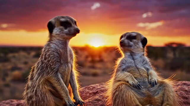 Two meerkats sitting on rocks at sunset.