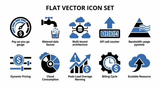 collection of 10 flat vector icons illustrating various business and technology concepts, including pay-as-you-go gauge, metered data faucets, multi-tenant architecture, API call counter, and more.