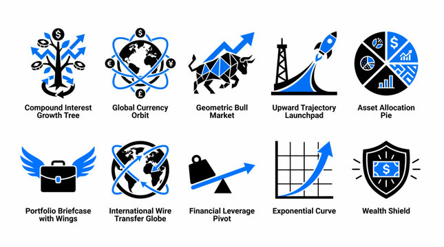 collection of 10 flat vector icons illustrating various finance and business concepts, including growth, market trends, and financial management, in a modern and minimalist style.