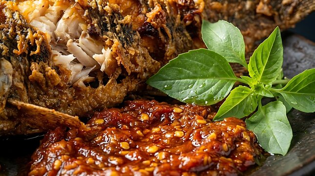Extreme Close Up of Indonesian Pecel Lele, Crispy Fried Catfish Skin with Flaky White Meat and Glossy Spicy Sambal, Premium Macro Food Photography on Dark Gradient Background