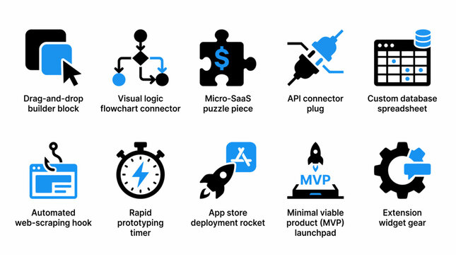 set of flat vector icons representing various software development and technology concepts, including drag-and-drop builder blocks, API connectors, and app store deployment rockets.
