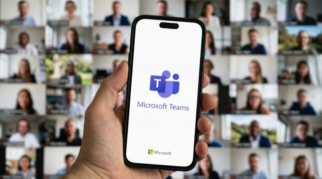 Male hand holding a smartphone iPhone 15 Pro with Microsoft Teams application on the screen. Blurred video conference meeting with diverse participants in the background. Digital communication tool.