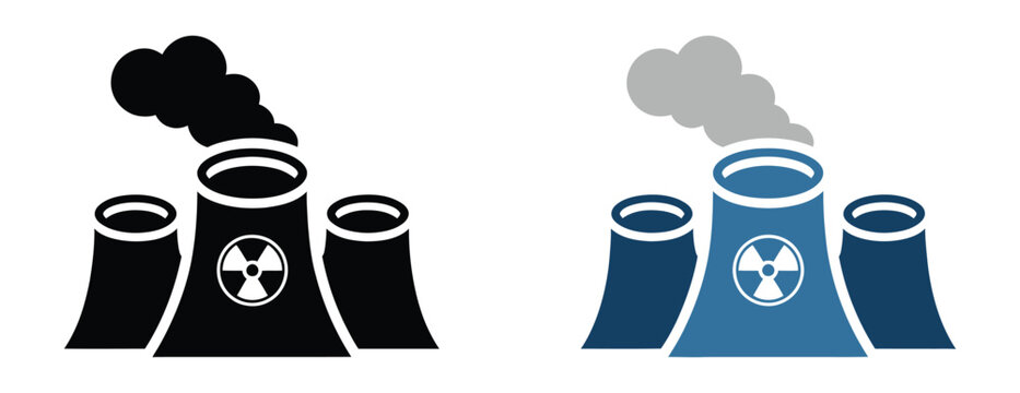 Nuclear power plant vector icon set with reactor buildings radiation symbol nuclear energy icons and atomic power industry elements for electricity generation technology concept, editable vector 