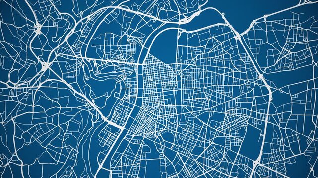 Ink reveal animation of Villeurbanne, Lyon Metropolis, Auvergne Rh&ocirc;ne Alpes, France grid map. Aerial top view. Blueprint style. White lines with blue background. 4K Seamless loop.