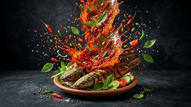 Dynamic Studio Splash Food Photography of Indonesian Pecel Lele, Crispy Fried Catfish with Exploding Spicy Sambal and Flying Basil Leaves