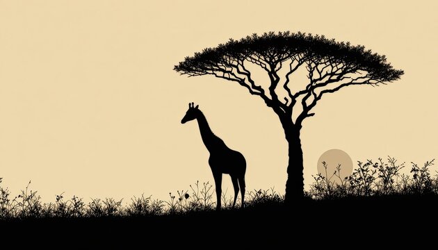 Silhouette of a giraffe standing under a tree at sunset in savannah with grass and plants around