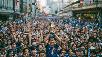 Obraz premium Victory Parade: A jubilant crowd cheers as a triumphant athlete, holding a golden trophy high, is celebrated in a vibrant street parade. The atmosphere is electric with excitement and national pride.