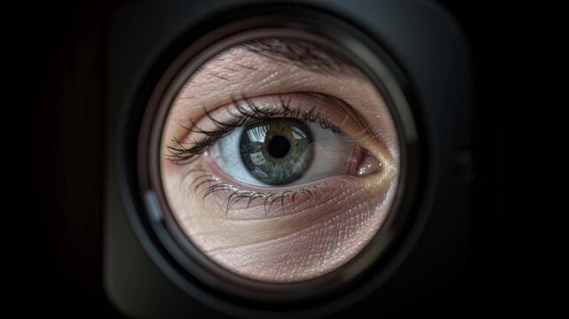Close up of a human eye looking through a door peephole. 4k video