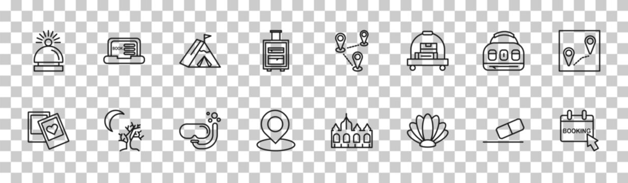 outline travel icons set - hotel bell, online booking, baby bag, booking. editable vector for web and mobile ui