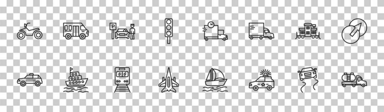 outline transportation icons set - motorbike, school van, caboose, tanker. editable vector for web and mobile ui