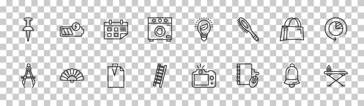 outline tools and utensils icons set - push pins, battery charging, bag with big handle, iron table. editable vector for web and mobile ui