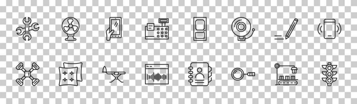 outline tools and utensils icons set - reparation, table fan, pencil tool, semaphore light. editable vector for web and mobile ui