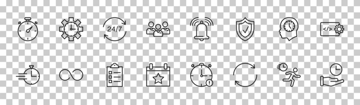 outline time management icons set - time pressure, time manager, mind, save editable vector for web and mobile ui