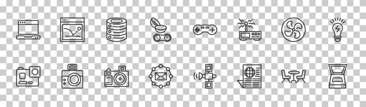 outline technology icons set - open laptop, bounce rate, ventilating fan, scanner with cover. editable vector for web and mobile ui