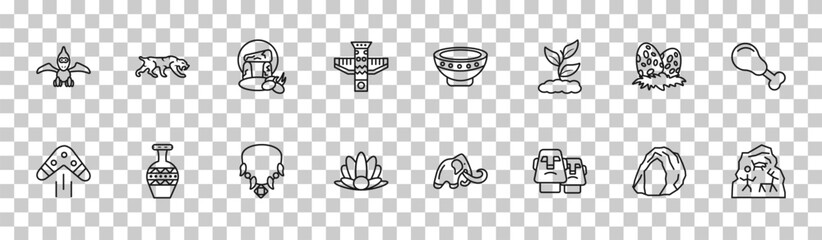 outline stone age icons set - pterodactyl, saber toothed tiger, diaur egg, cave painting. editable vector for web and mobile ui © IconArt