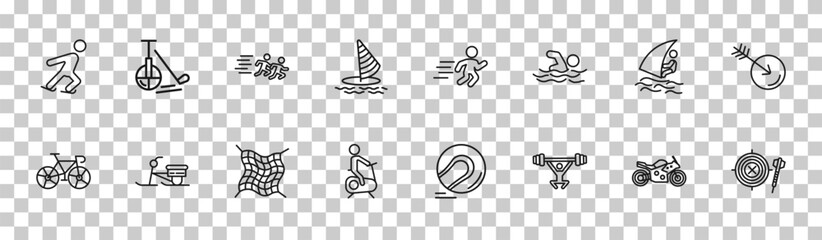 outline sports icons set - ice skating, unicycling hockey, windsurf sea, dartboard with dart. editable vector for web and mobile ui © IconArt