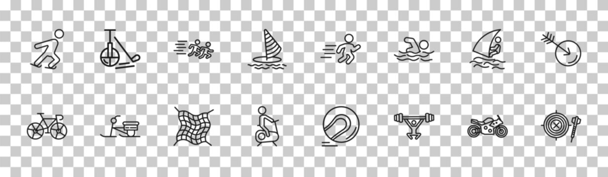 outline sports icons set - ice skating, unicycling hockey, windsurf sea, dartboard with dart. editable vector for web and mobile ui