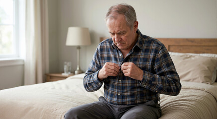 Fototapeta premium Senior man struggling to button his shirt due to loss of fine motor skills. Parkinson disease symptom and neurological degeneration. Daily life difficulty for elderly patients