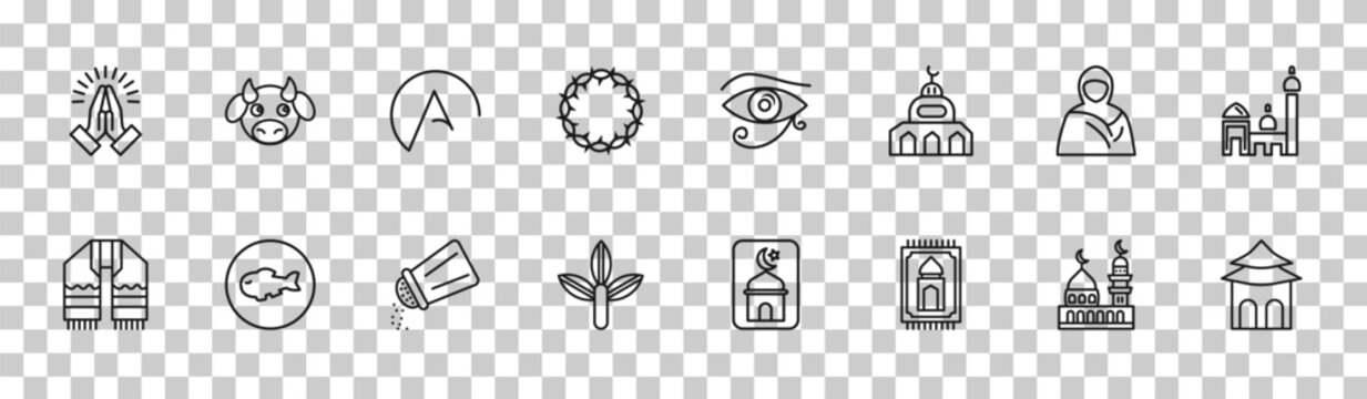 outline religion icons set - pray, sacred cow, hijab veil, shrine. editable vector for web and mobile ui