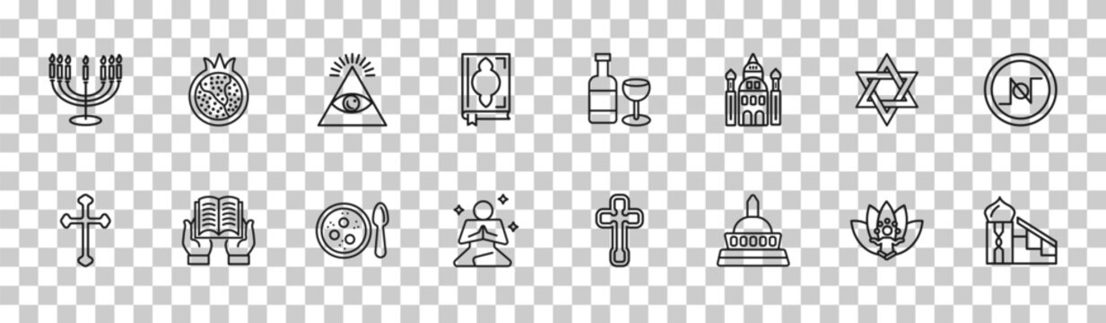 outline religion icons set - menorah, half pomegranate, star of david, islamic minbar. editable vector for web and mobile ui