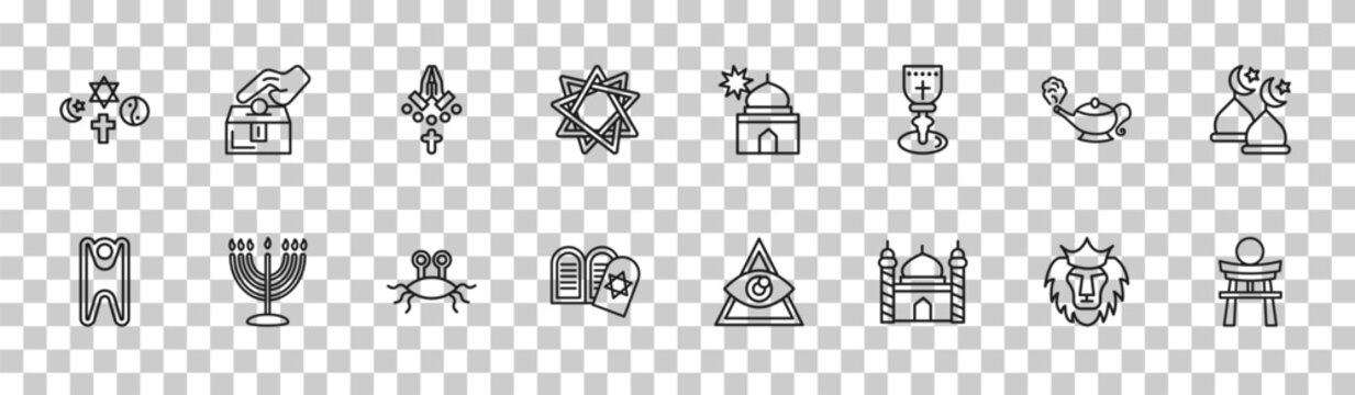 outline religion icons set - religion, sadaqah charity, genie lamp, shinto. editable vector for web and mobile ui