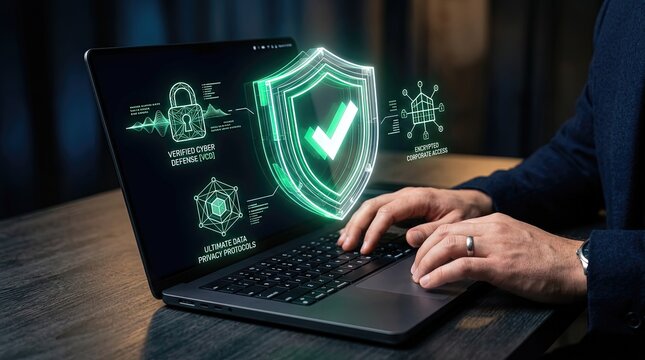 Cybersecurity action protecting digital assets and privacy remote workspace infographic content modern environment close-up viewpoint safety concept