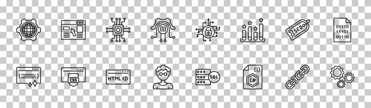 outline seo icons set - cyberspace, landing page, seo tags, cogwheel. editable vector for web and mobile ui
