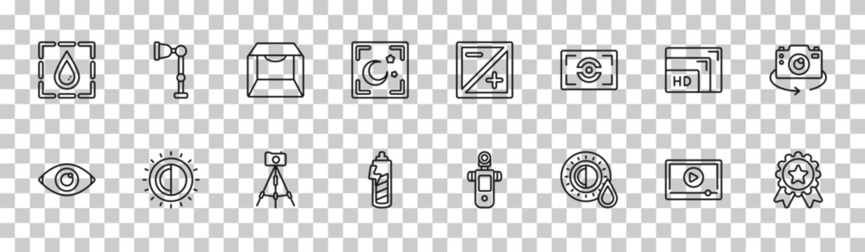 outline photography icons set - blur, illuminatio, resolution, high quality. editable vector for web and mobile ui